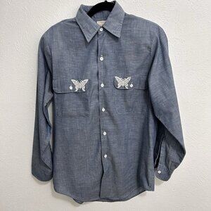 VTG Big Mac Shirt Women’s Blue Perm Press Butterfly Embroidered USA Button Up L
